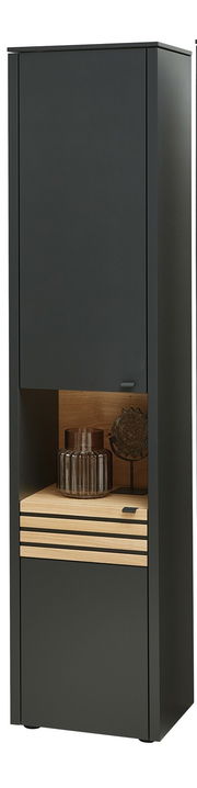 Moderne Vitrine in schwarzem Design mit Holzelementen, frontal abgebildet. Enthält dekorative Objekte im offenen Fach.