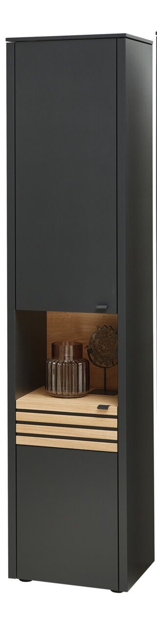 Moderne Vitrine in schwarzem Design mit Holzelementen, frontal abgebildet. Enthält dekorative Objekte im offenen Fach.