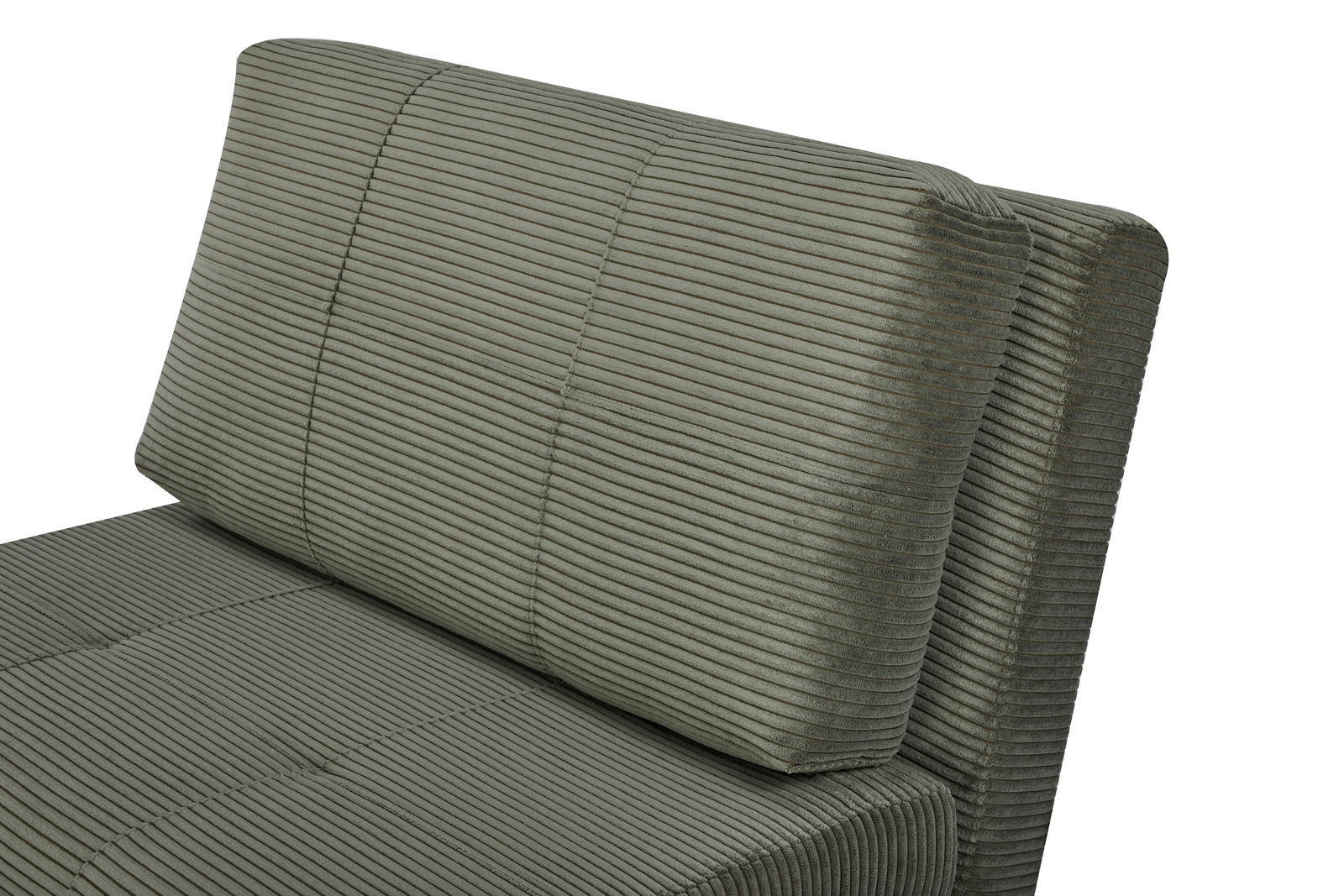 Nahaufnahme eines grünen Funktionssessels mit geripptem Stoffbezug, seitliche Perspektive