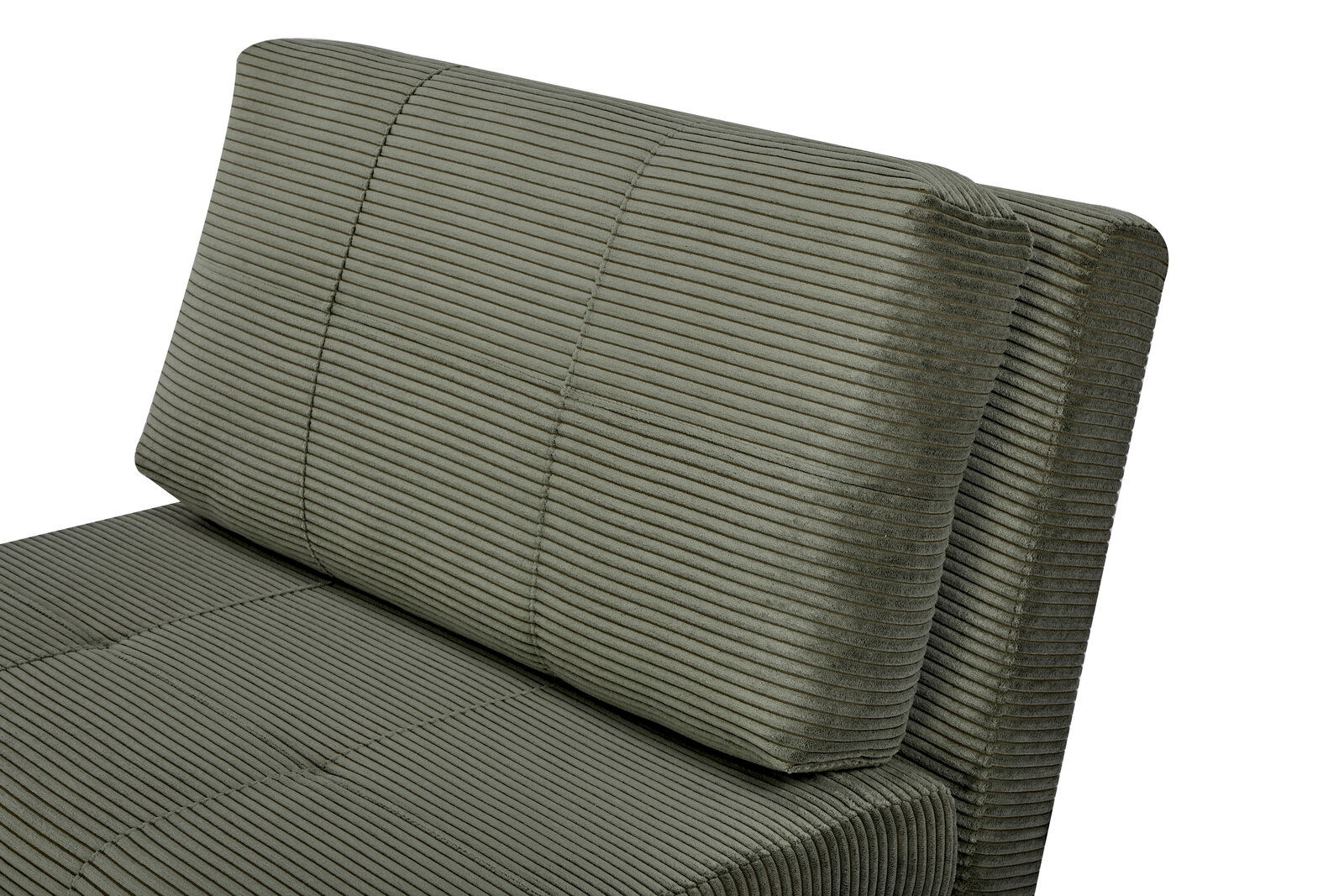 Nahaufnahme eines grünen Funktionssessels mit geripptem Stoffbezug, seitliche Perspektive