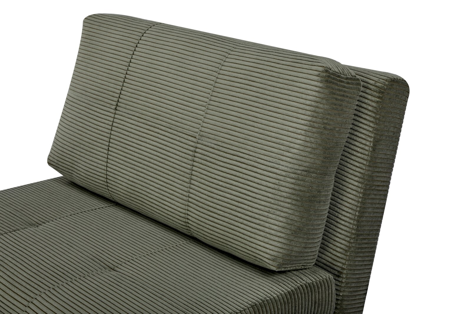 Close-up van een groene functionele fauteuil met geribbelde stoffen bekleding, gezien vanaf de zijkant