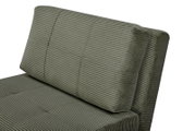 Close-up van een groene functionele fauteuil met geribbelde stoffen bekleding, gezien vanaf de zijkant