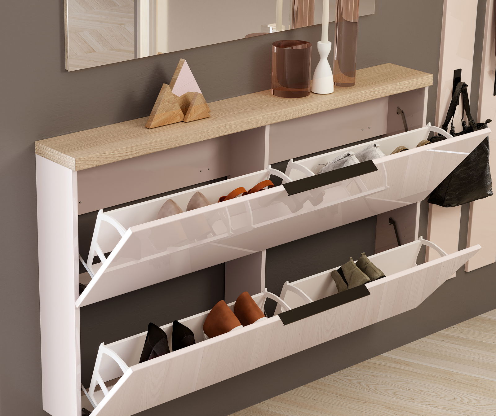 XORA Hängeschuhschrank IDEA Moderner Hängeschuhschrank mit zwei ausklappbaren Fächern, gefüllt mit Schuhen, aus seitlicher Perspektive fotografiert.