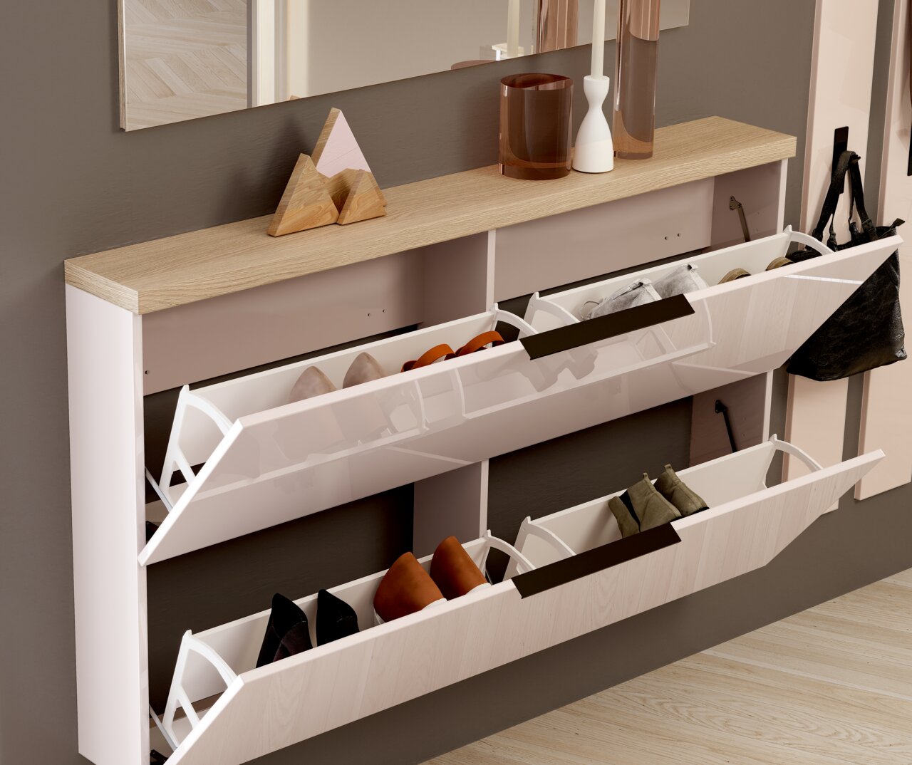 Moderner Hängeschuhschrank mit zwei ausklappbaren Fächern, gefüllt mit Schuhen, aus seitlicher Perspektive fotografiert.