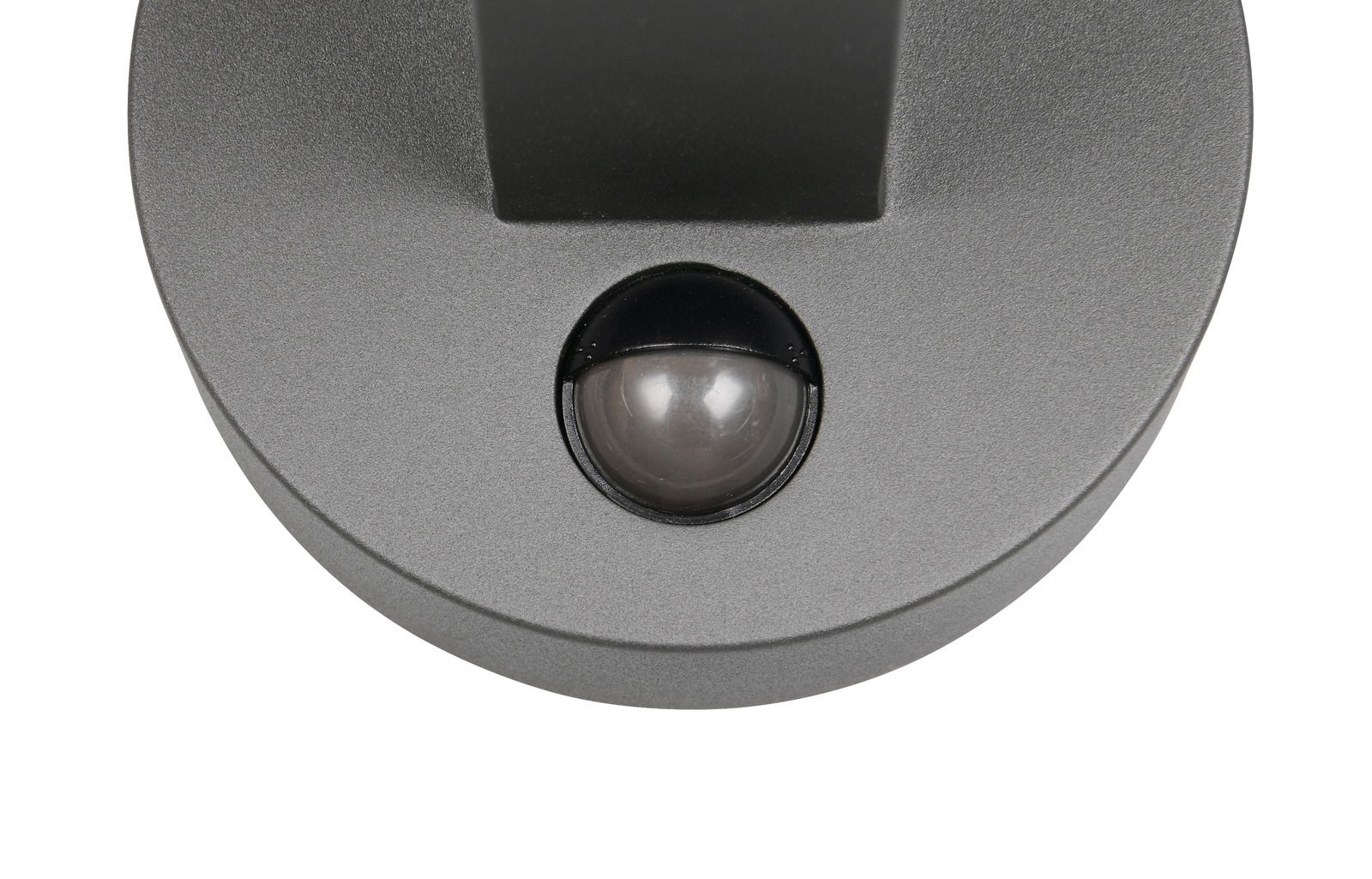 Nahaufnahme einer LED-Außenwandleuchte mit rundem, grauem Gehäuse und schwarzem Sensor.
