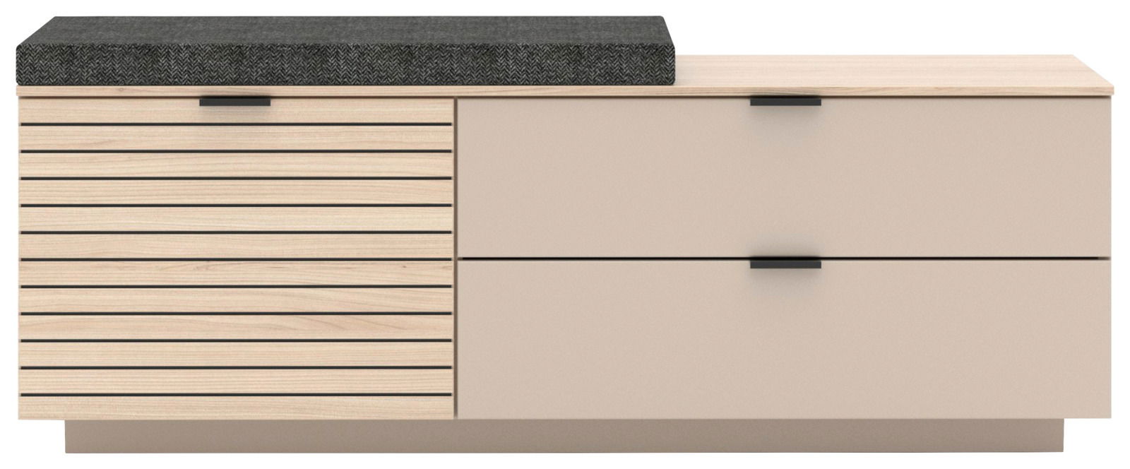 Moderne Bank mit Holzlamellen und beigem Korpus, gepolsterte Sitzfläche in dunklem Stoff, Frontalansicht.