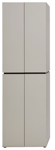 Moderner Garderobenschrank in minimalistischem Design, frontal fotografiert.