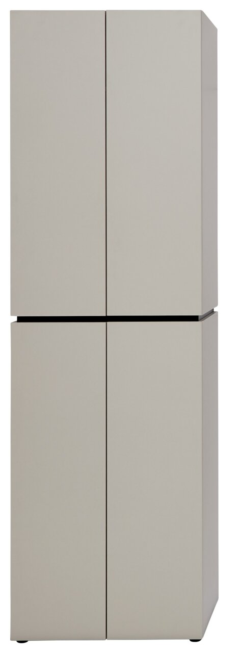 Moderner Garderobenschrank in minimalistischem Design, frontal fotografiert.