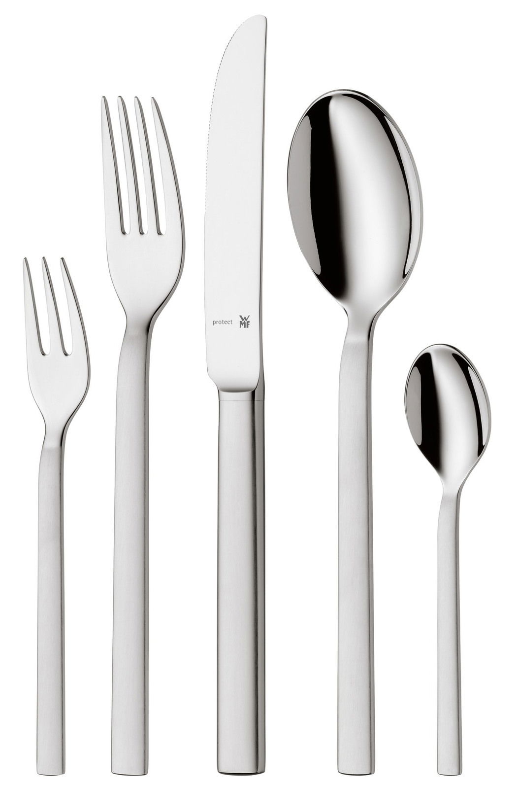 Set aus Edelstahlbesteck bestehend aus Gabel, Messer, Löffel, Kuchengabel und Teelöffel, frontal abgebildet.