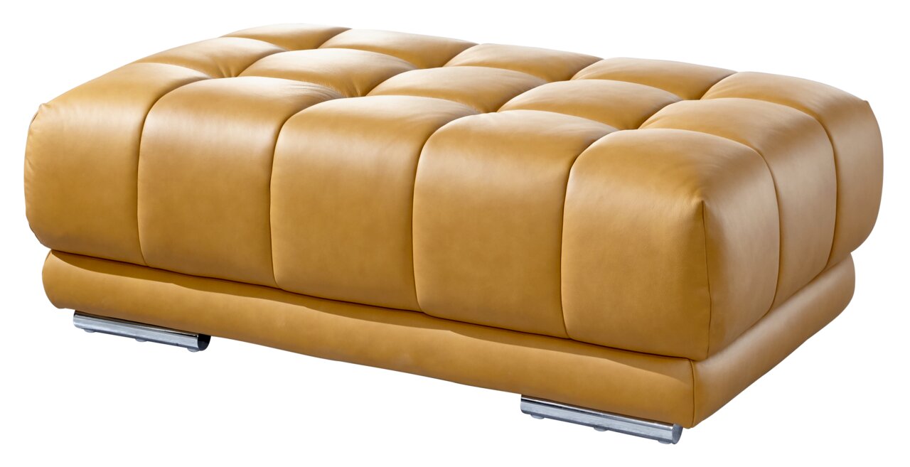 Beldomo Speed XXL-Hocker SPLIFF L Großer, rechteckiger XXL-Hocker in hellbraunem Leder mit gepolsterten, quadratischen Segmenten, seitliche Perspektive