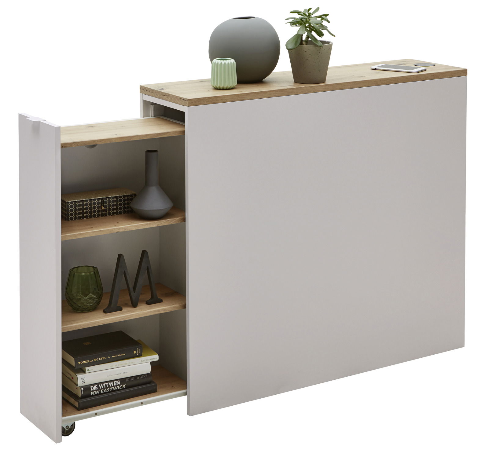 Venda Stauraum-Kopfteil MANHATTAN Stauraum-Kopfteil mit ausziehbarem Regal, dekoriert mit Vasen und Pflanzen, seitliche Perspektive