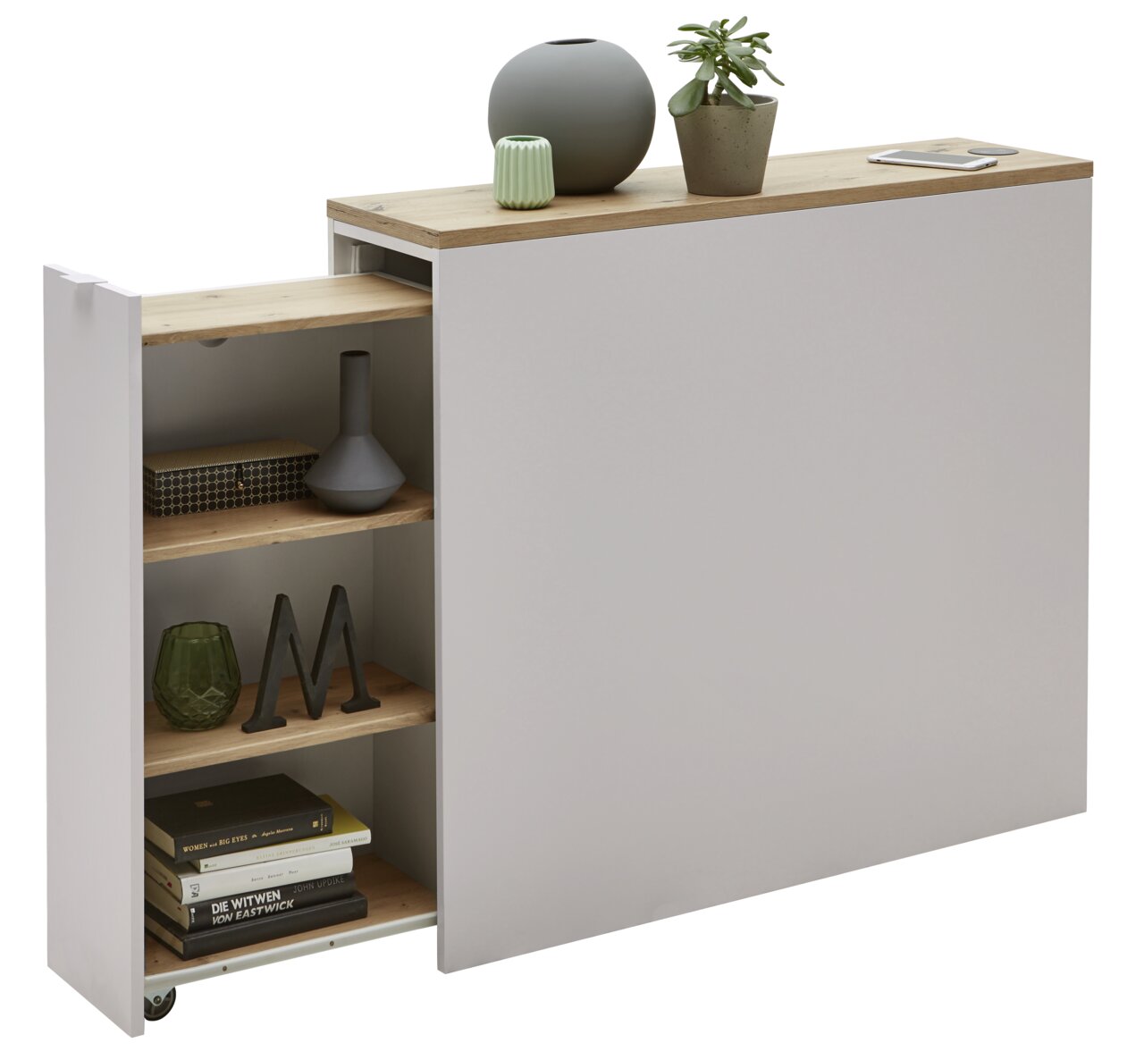 Stauraum-Kopfteil mit ausziehbarem Regal, dekoriert mit Vasen und Pflanzen, seitliche Perspektive