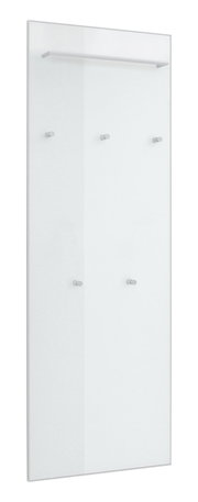 Minimalistische Wandgarderobe aus klarem Glas mit fünf Metallhaken und oberer Kleiderstange, freigestellt vor weißem Hintergrund, Frontansicht mit leichter Schrägperspektive