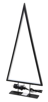 Schwarzer LED-Baum in dreieckiger Form, seitliche Perspektive, mit Stromkabel und Stecker auf schwarzem Sockel.