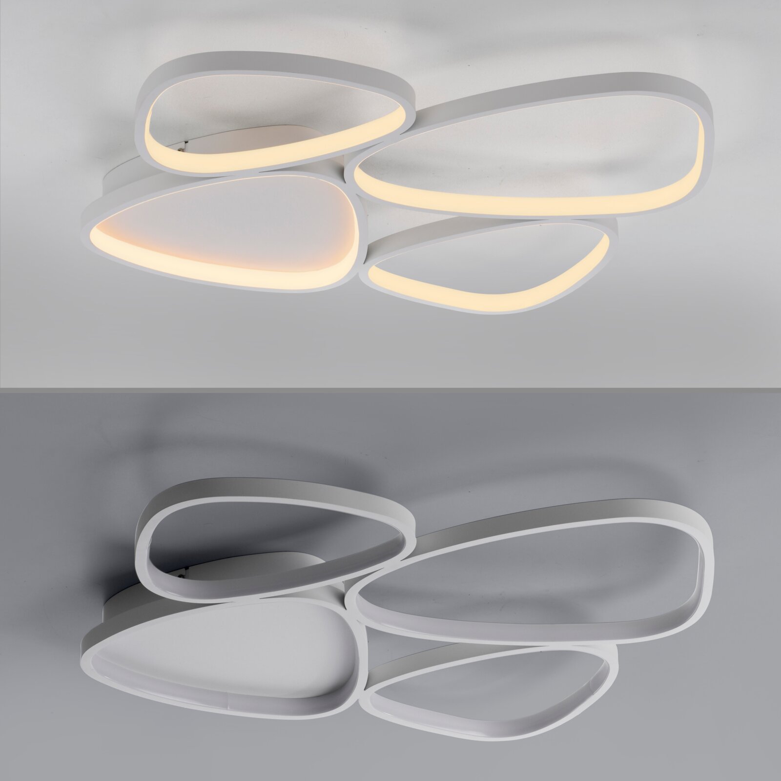 Moderne weiße LED-Deckenleuchte mit vier ovalen, überlappenden Lichtflächen und warmweißem Leuchtrand, Draufsicht schräg von unten an der Decke