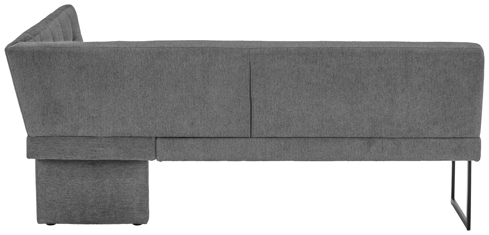 Rückansicht einer grauen Eckbank mit Metallbeinen