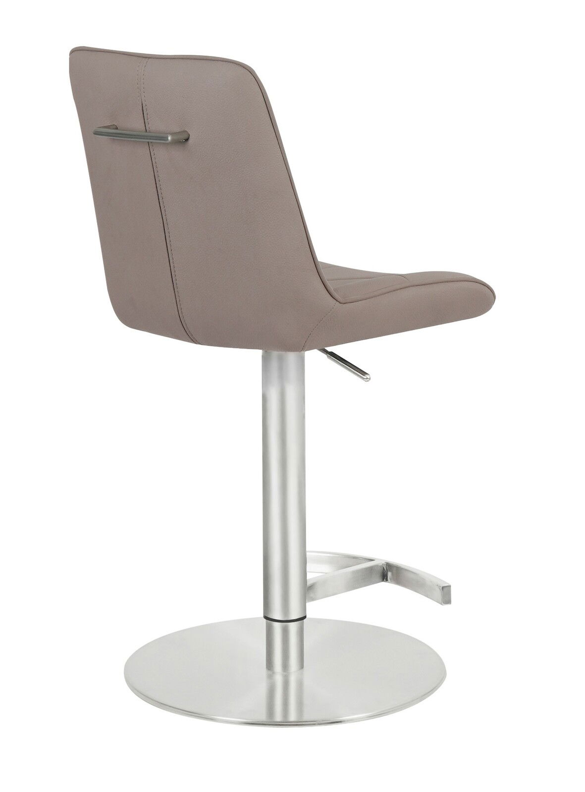 Moderner Barhocker in seitlicher Rückansicht mit gepolsterter Rückenlehne und verchromtem Standfuß.