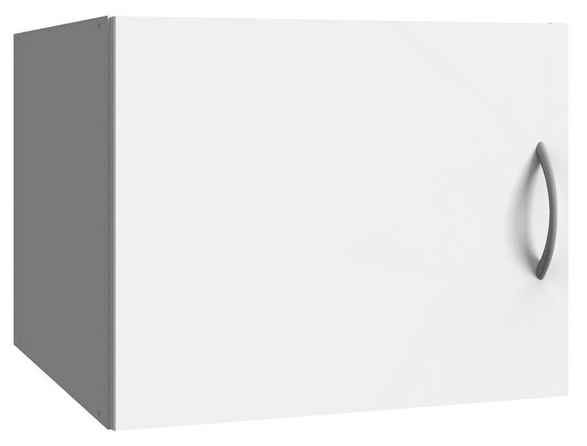 Weiße Schranktür mit grauem Griff, seitliche Perspektive