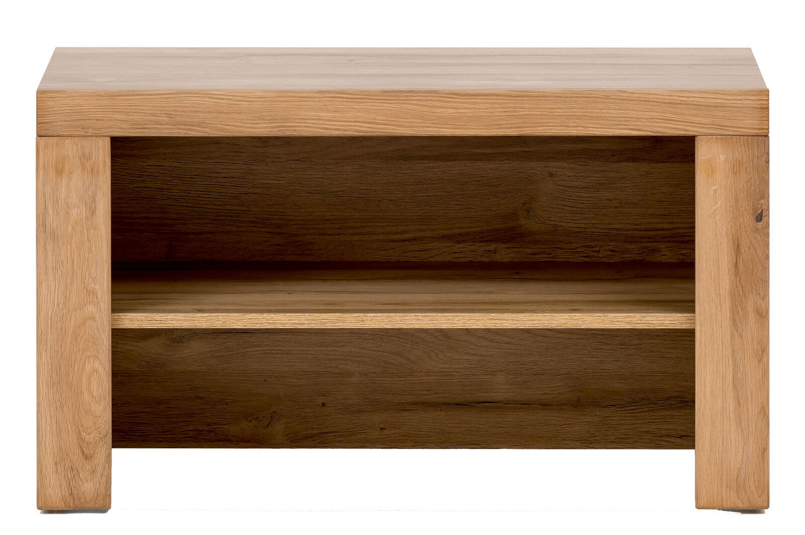 Frontansicht einer Garderobenbank aus Holz mit einem offenen Fach.