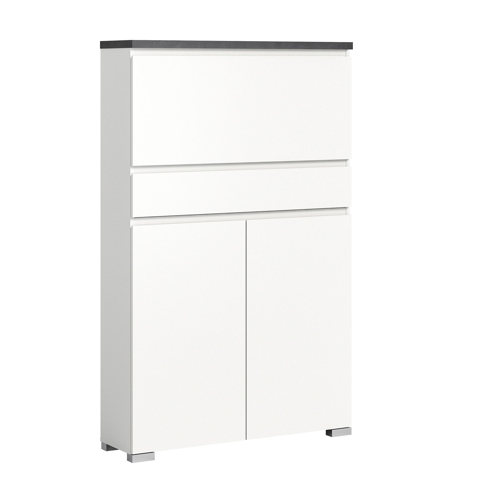 Moderner weißer Schuhschrank mit zwei Schubladen und zwei Türen, seitliche Perspektive