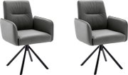 Set van twee grijze gestoffeerde fauteuils met armleuningen en zwarte metalen sterpoten, schuin van voren afgebeeld