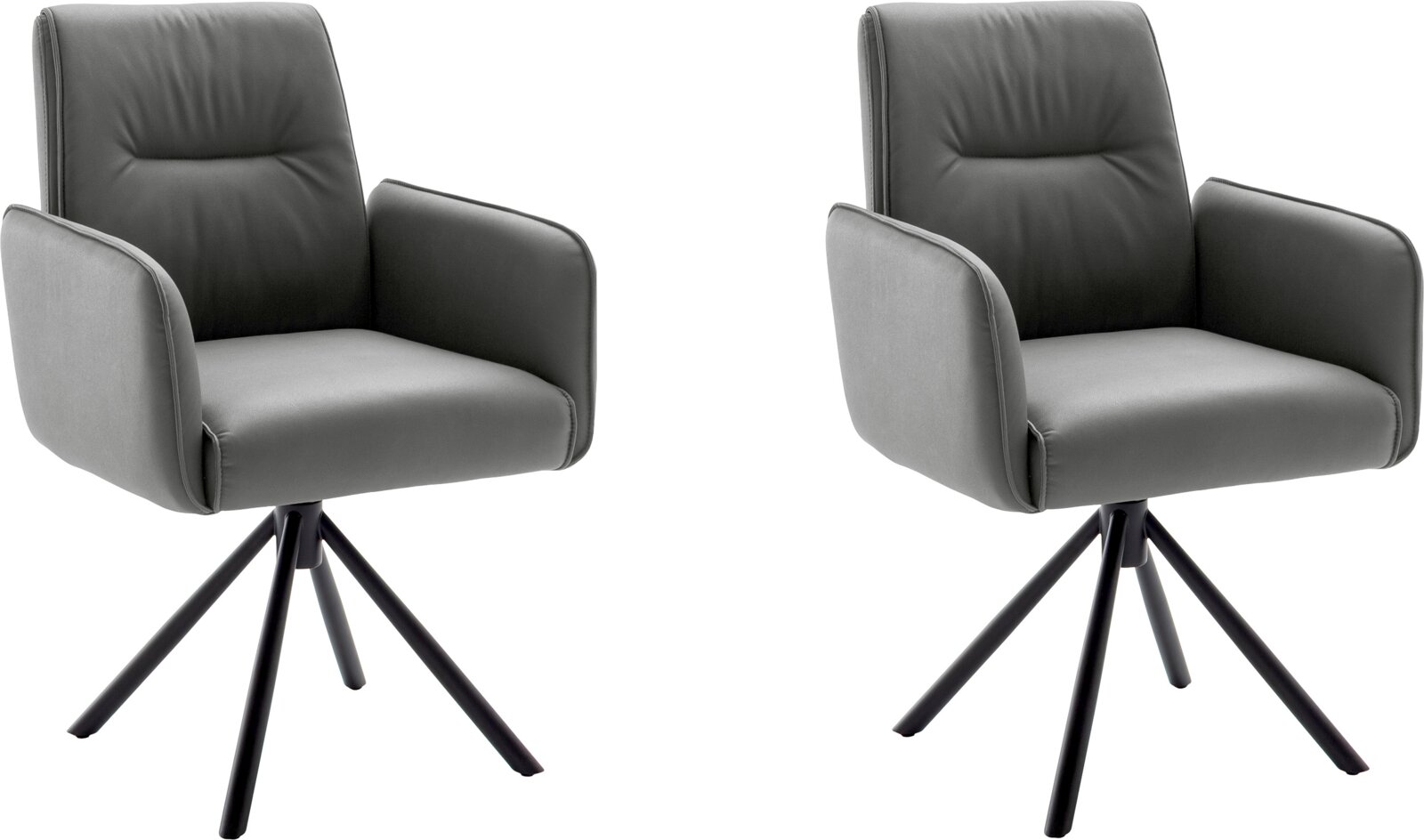 Set van twee grijze gestoffeerde fauteuils met armleuningen en zwarte metalen sterpoten, schuin van voren afgebeeld