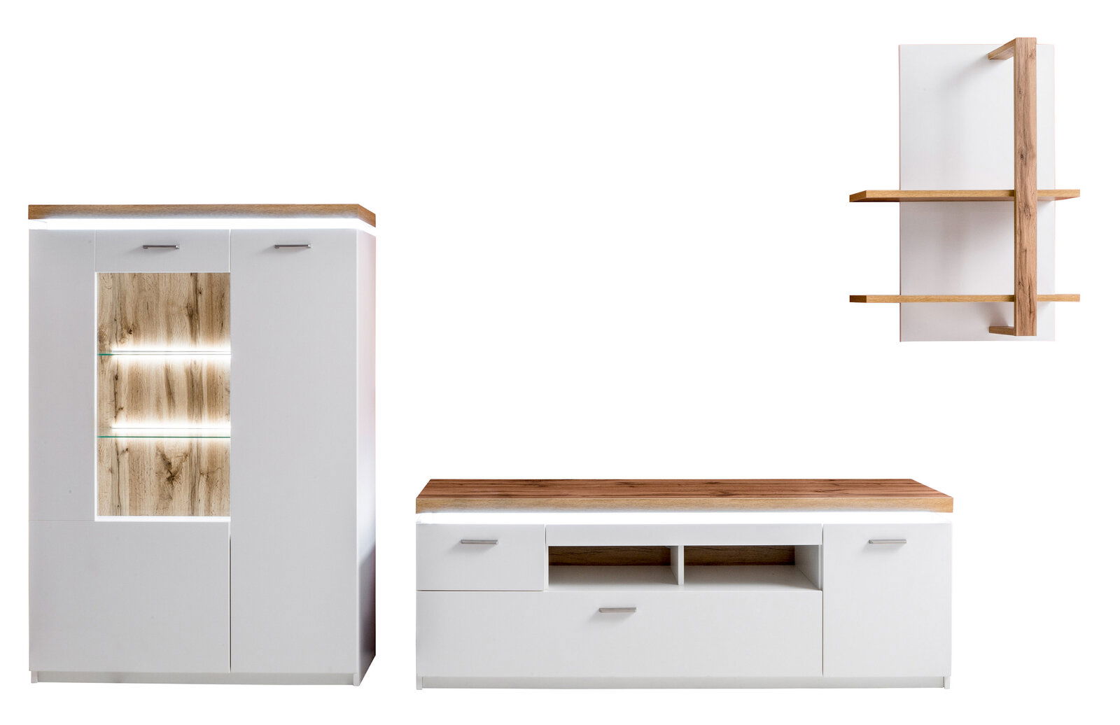 XORA Wohnkombination 2 CALI Wohnkombination bestehend aus einem hohen Schrank mit Glaseinsatz und Beleuchtung, einem niedrigen TV-Schrank mit Schubladen und offenen Fächern, sowie einem Wandregal mit zwei Holzböden, aus der Frontalperspektive.