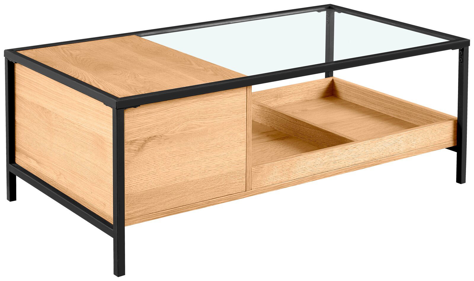 Moderner Couchtisch mit Glasplatte und Holzfächern, seitliche Perspektive