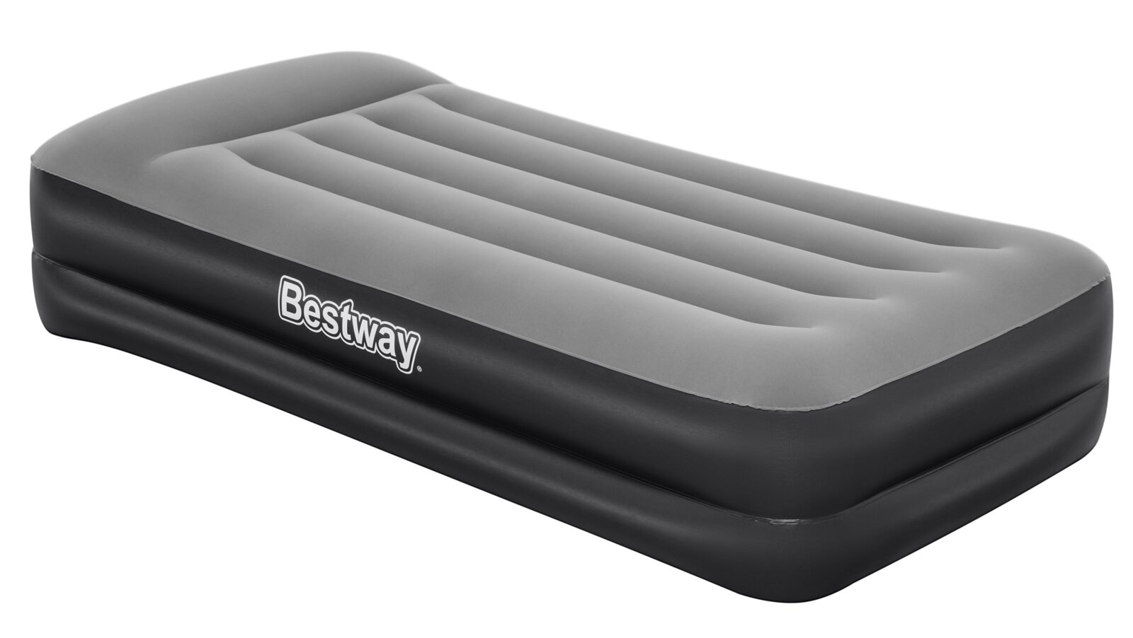Bestway eenpersoons luchtbed in grijs en zwart met verhoogd hoofdeinde, schuin van voren en bovenaf gezien