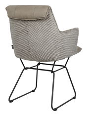 Rückansicht eines Armlehnstuhls mit grauem Stoffbezug und schwarzem Metallgestell.