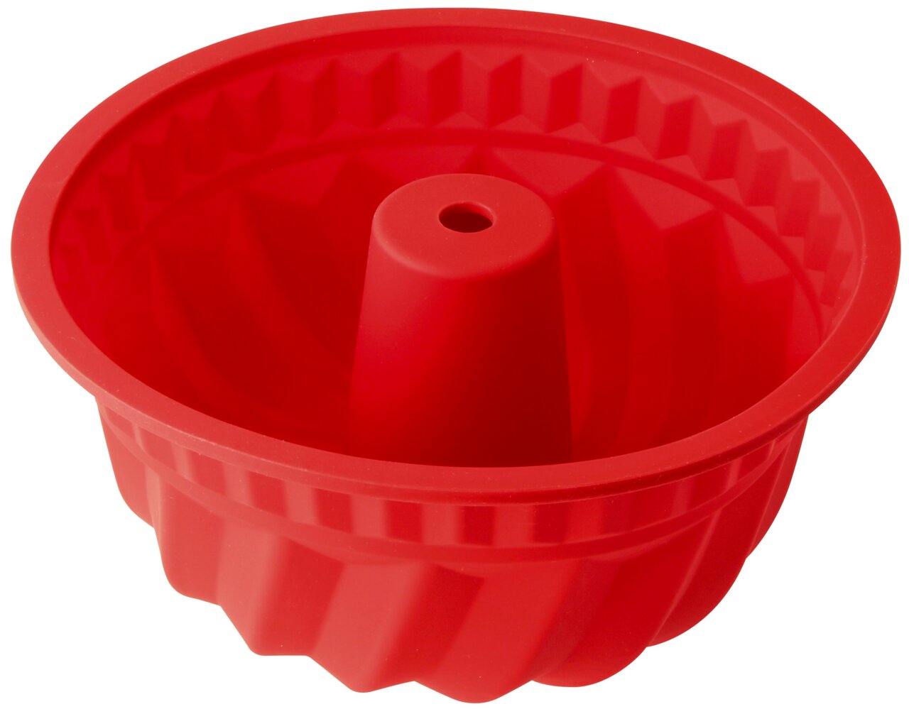Dr. Oetker Silikon-Gugelhupf FLEXXIBEL Rote Silikon-Gugelhupfform mit einem Durchmesser von 22 cm, aus der Vogelperspektive betrachtet.