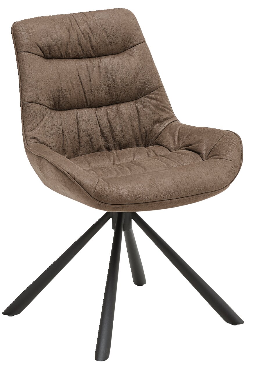 Moderner brauner Stuhl mit gepolsterter Sitzfläche und schwarzem Metallgestell, seitliche Perspektive