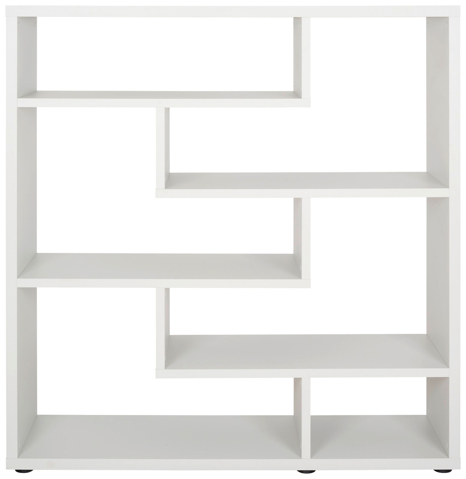 Weißes Standregal mit asymmetrischen Fächern, Frontalansicht