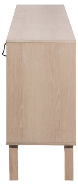 Seitenansicht eines hellen Holz-Sideboards mit klaren Linien und schlichten Beinen.