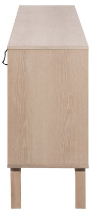 Seitenansicht eines hellen Holz-Sideboards mit klaren Linien und schlichten Beinen.