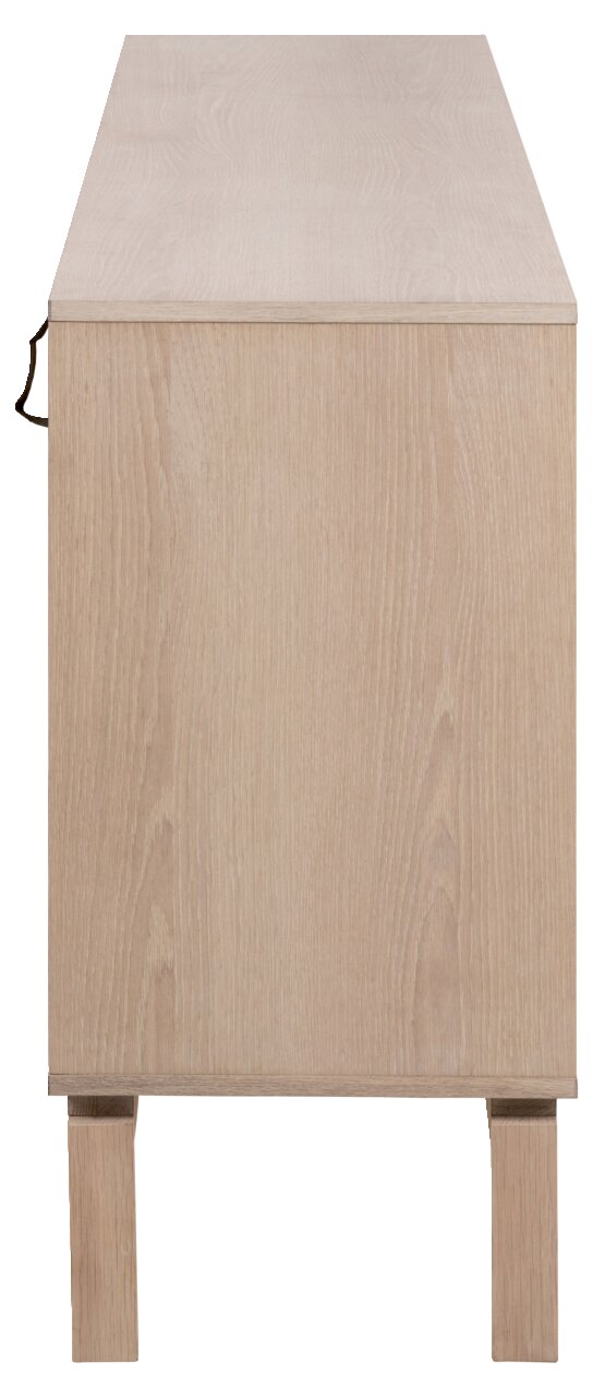 Zijaanzicht van een lichtgekleurd houten dressoir met strakke lijnen en eenvoudige poten.