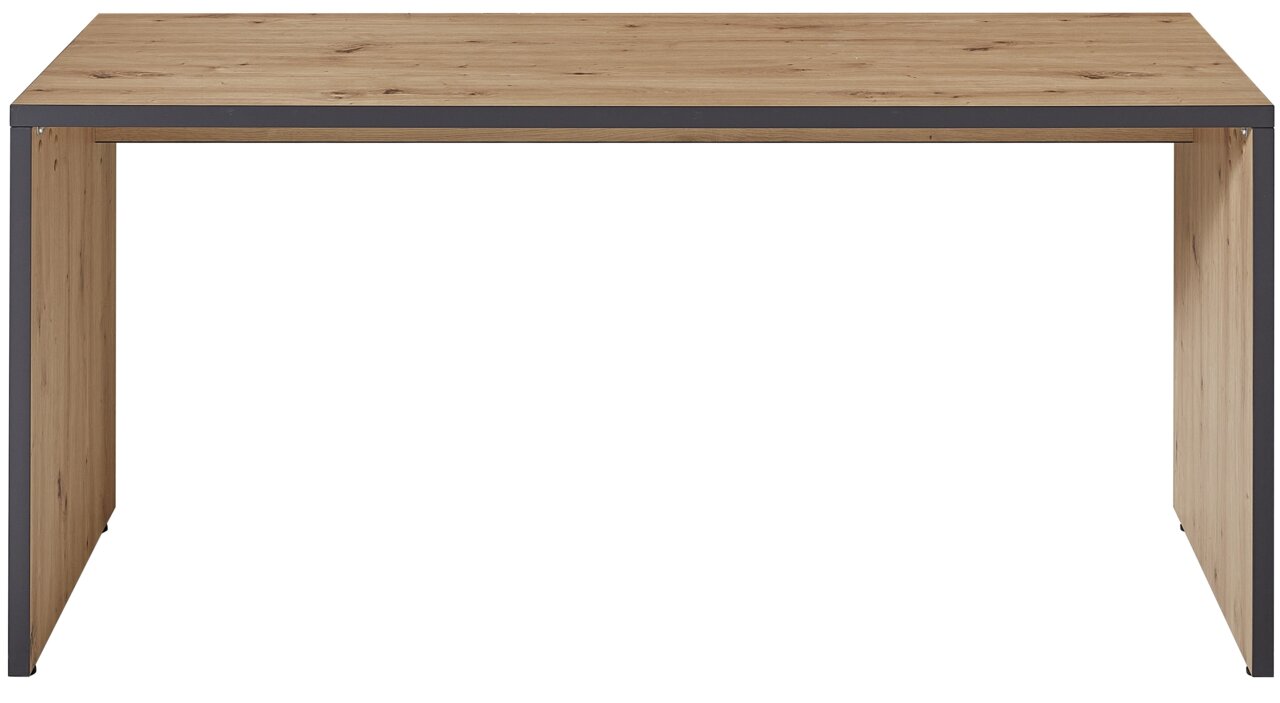 Moderner Schreibtisch aus Holz mit Metallrahmen, Frontalansicht