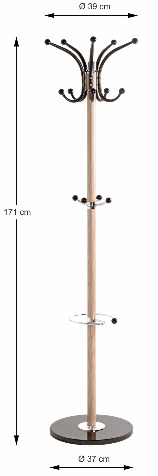Garderobenständer aus Holz mit mehreren Haken, frontal abgebildet. Höhe 171 cm, Durchmesser oben 39 cm, Durchmesser unten 37 cm.