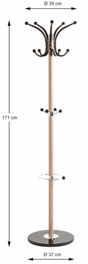 Garderobenständer aus Holz mit mehreren Haken, frontal abgebildet. Höhe 171 cm, Durchmesser oben 39 cm, Durchmesser unten 37 cm.