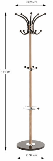 Garderobenständer aus Holz mit mehreren Haken, frontal abgebildet. Höhe 171 cm, Durchmesser oben 39 cm, Durchmesser unten 37 cm.