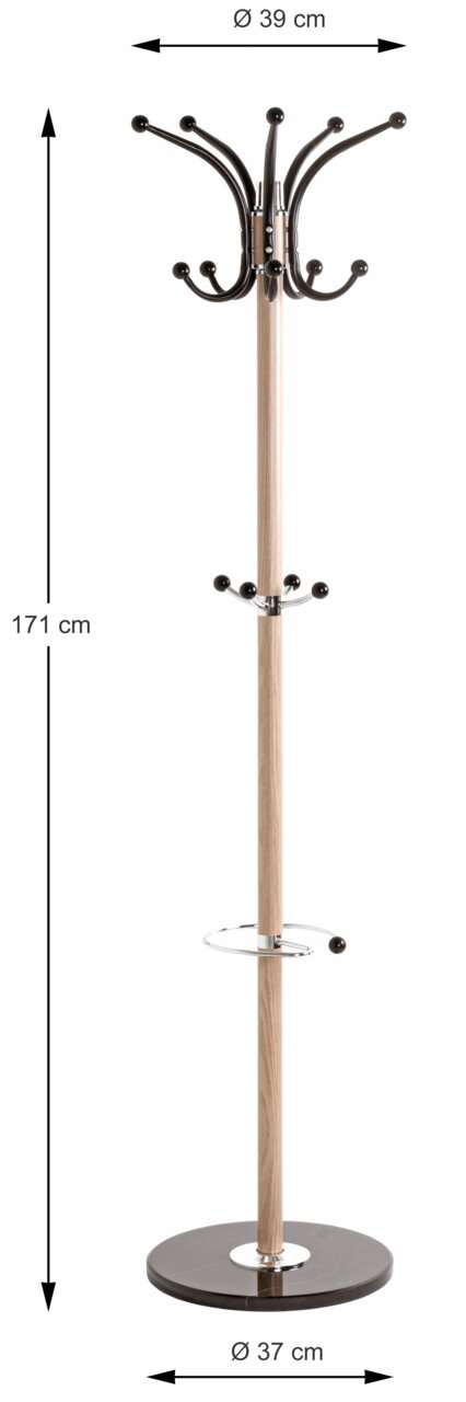 Houten kapstok met meerdere haken, afgebeeld van voren. Hoogte 171 cm, diameter bovenaan 39 cm, diameter onderaan 37 cm.