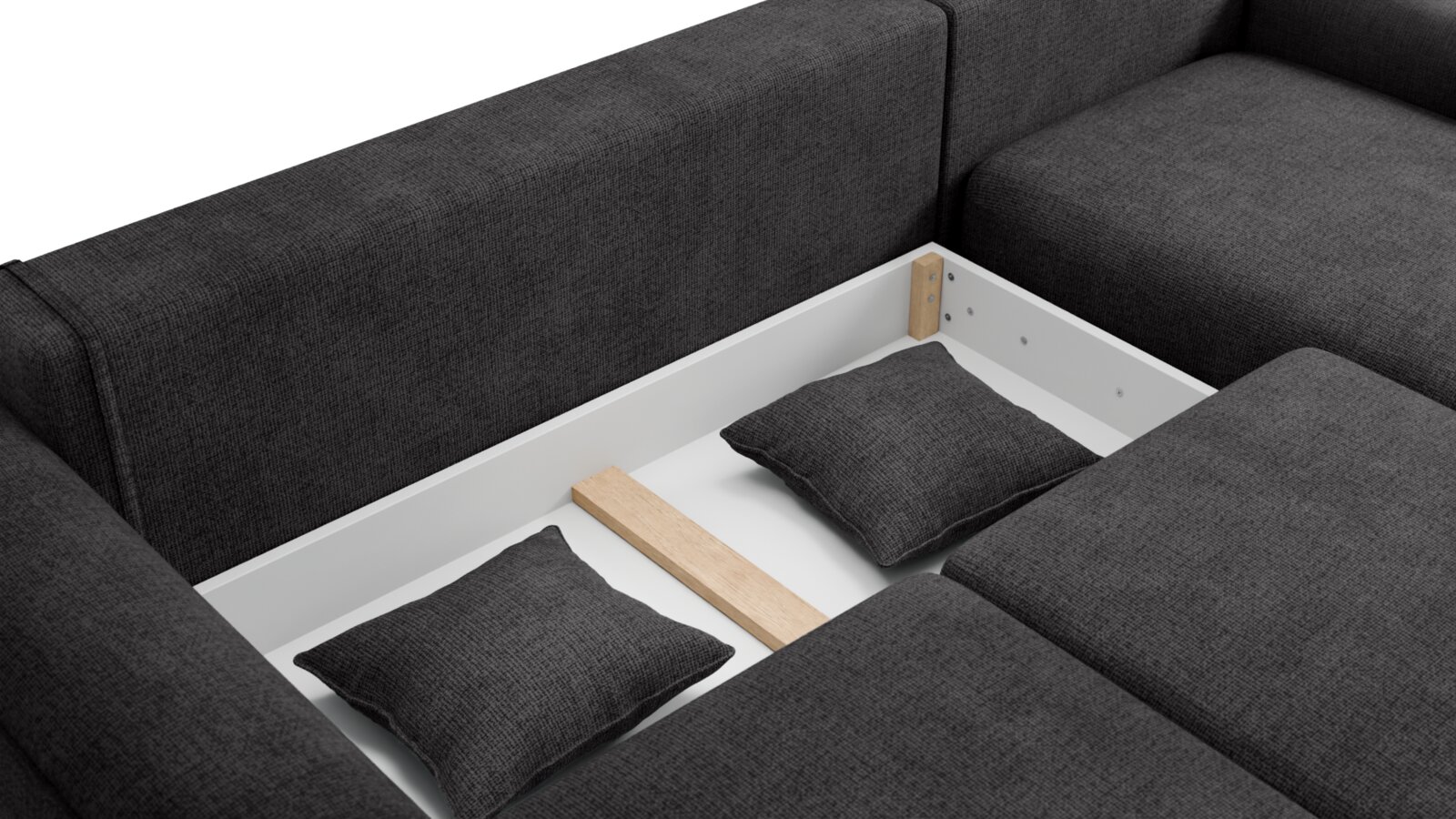 Innenansicht einer dunkelgrauen Rundecke mit Stauraum, zwei Kissen und Holzdetails, von oben betrachtet.