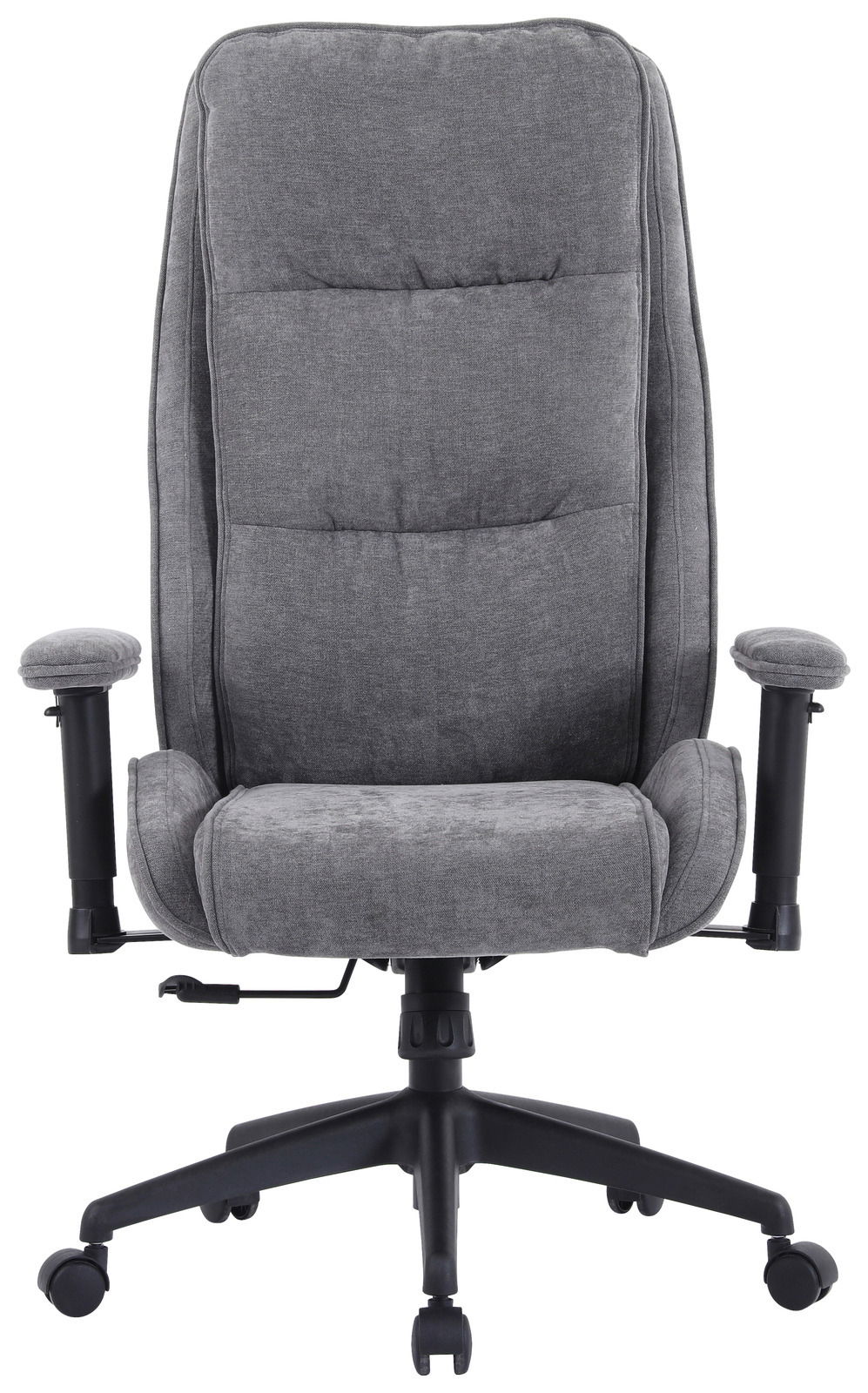Grauer Homeoffice-Drehstuhl mit Armlehnen und gepolsterter Rückenlehne, Frontalansicht