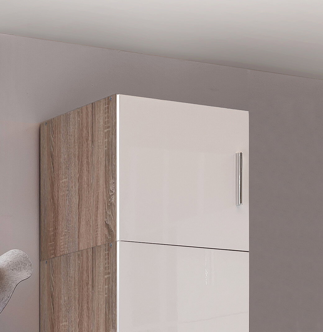 Schrankaufsatz T40 in Holzoptik mit weißer Hochglanzfront, seitliche Perspektive