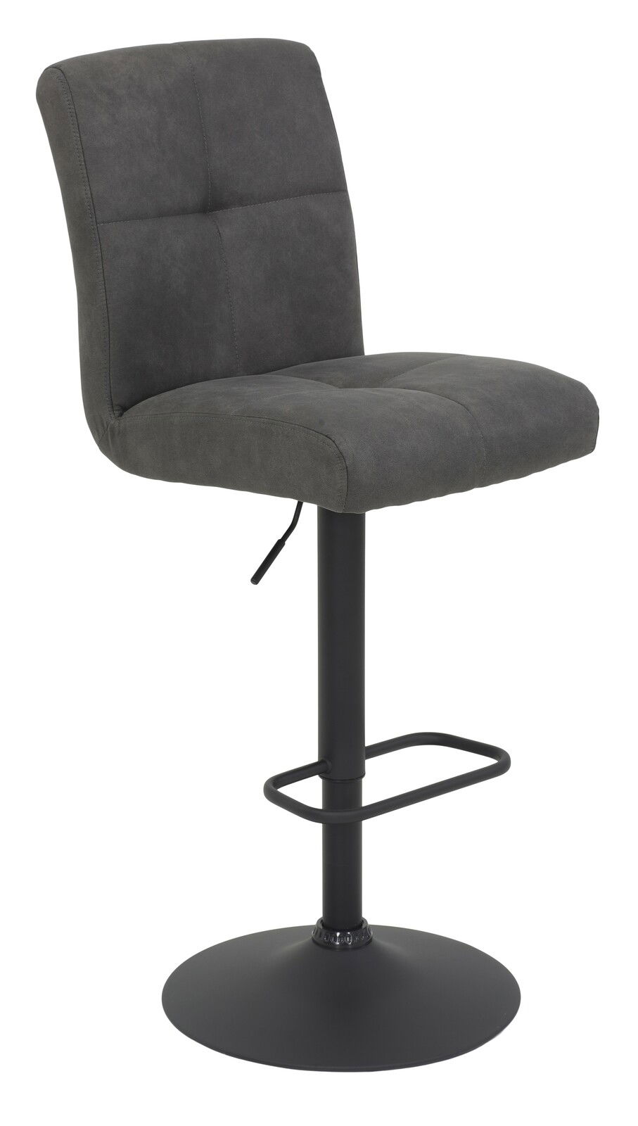 Grauer Barhocker LENI mit gepolsterter Rückenlehne und Sitzfläche, schwarzem Metallgestell und Fußstütze, seitliche Perspektive