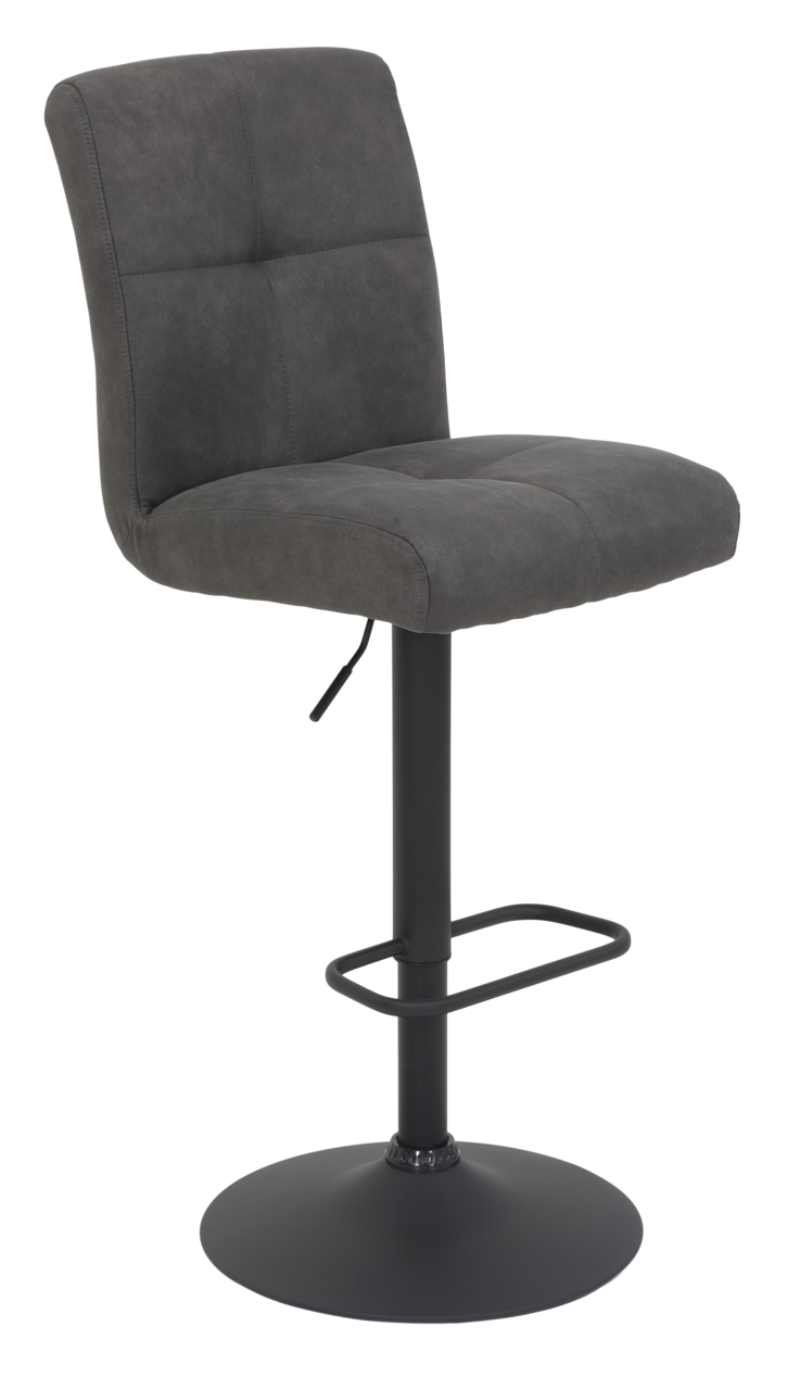 Z2 Barhocker LENI Grauer Barhocker LENI mit gepolsterter Rückenlehne und Sitzfläche, schwarzem Metallgestell und Fußstütze, seitliche Perspektive