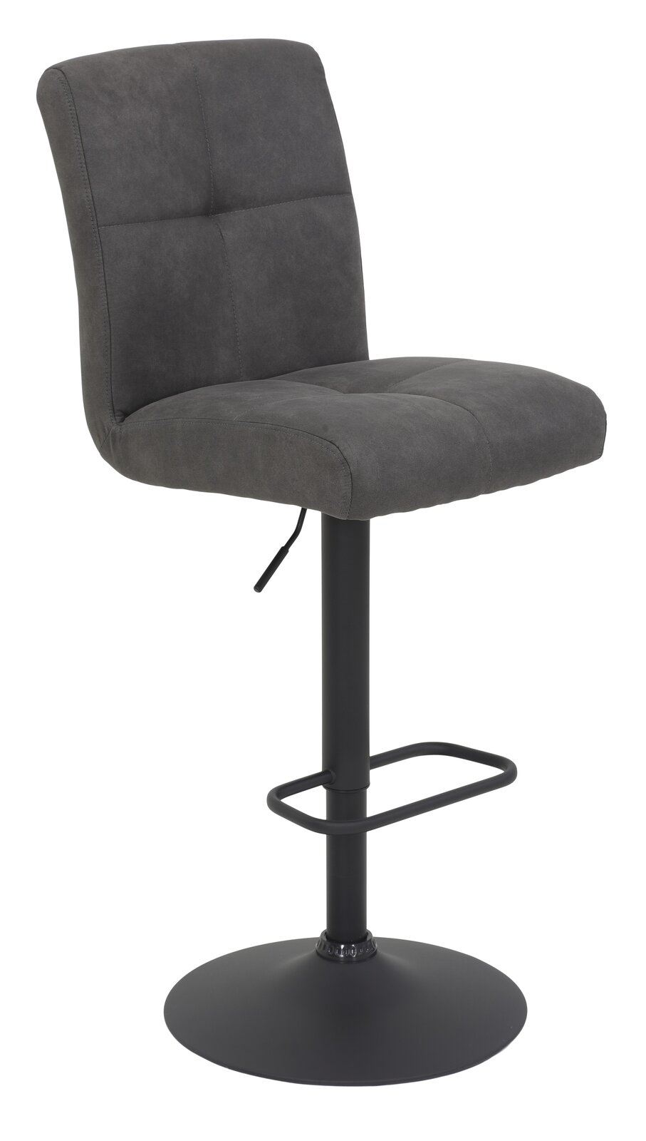 Grauer Barhocker LENI mit gepolsterter Rückenlehne und Sitzfläche, schwarzem Metallgestell und Fußstütze, seitliche Perspektive
