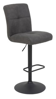 Grauer Barhocker LENI mit gepolsterter Rückenlehne und Sitzfläche, schwarzem Metallgestell und Fußstütze, seitliche Perspektive