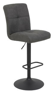 Grauer Barhocker LENI mit gepolsterter Rückenlehne und Sitzfläche, schwarzem Metallgestell und Fußstütze, seitliche Perspektive