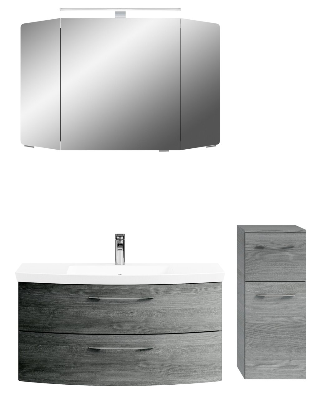 Moderne Badkombination mit Spiegelschrank, Waschbeckenunterschrank und Hochschrank in grauer Holzoptik, Frontalansicht